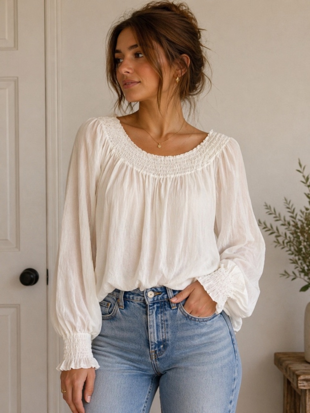 Sofia Made in Italy White Silk Smocked Sheer Boho Peasant Blouse